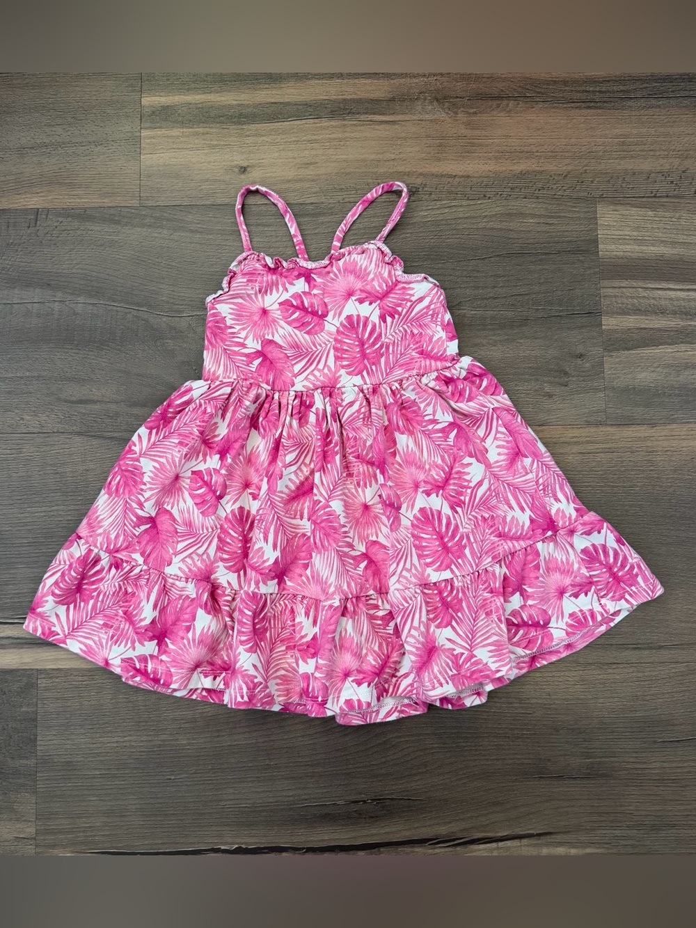 Janie and Jack Toddler Pink Palm Leaf Ruffle Trim Criss Cross Back Dress Size 3